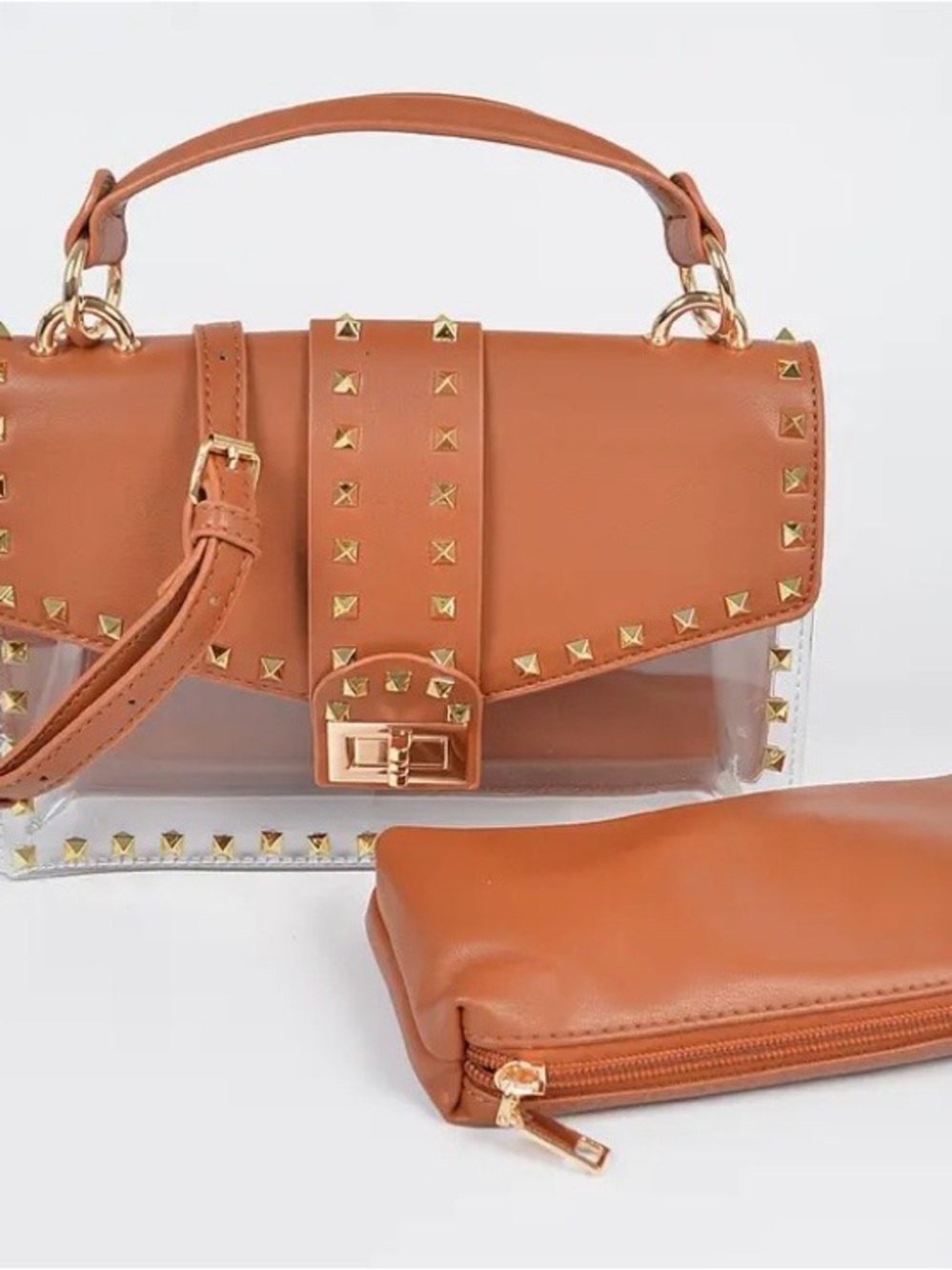 Stud Trim Clear Satchel in Tan - Unbranded